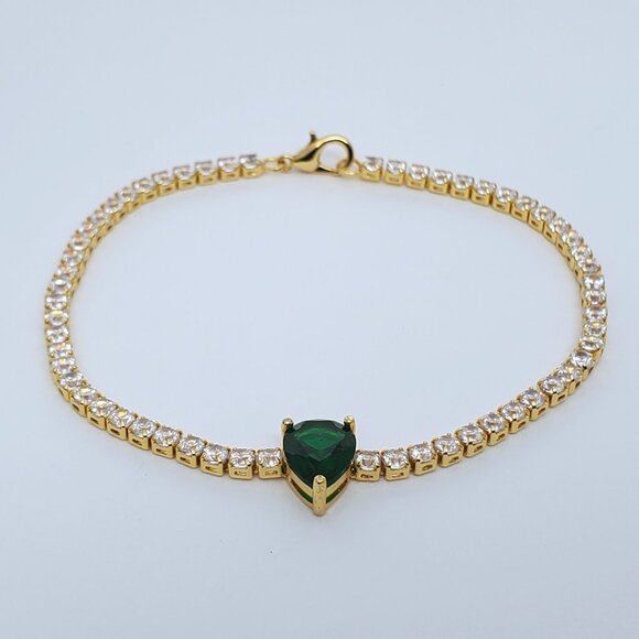 14K Gold Womens 2ct Green Emerald Teardrop Gemstone 1ct Diamond Tennis Bracelet - Picture 2 of 6